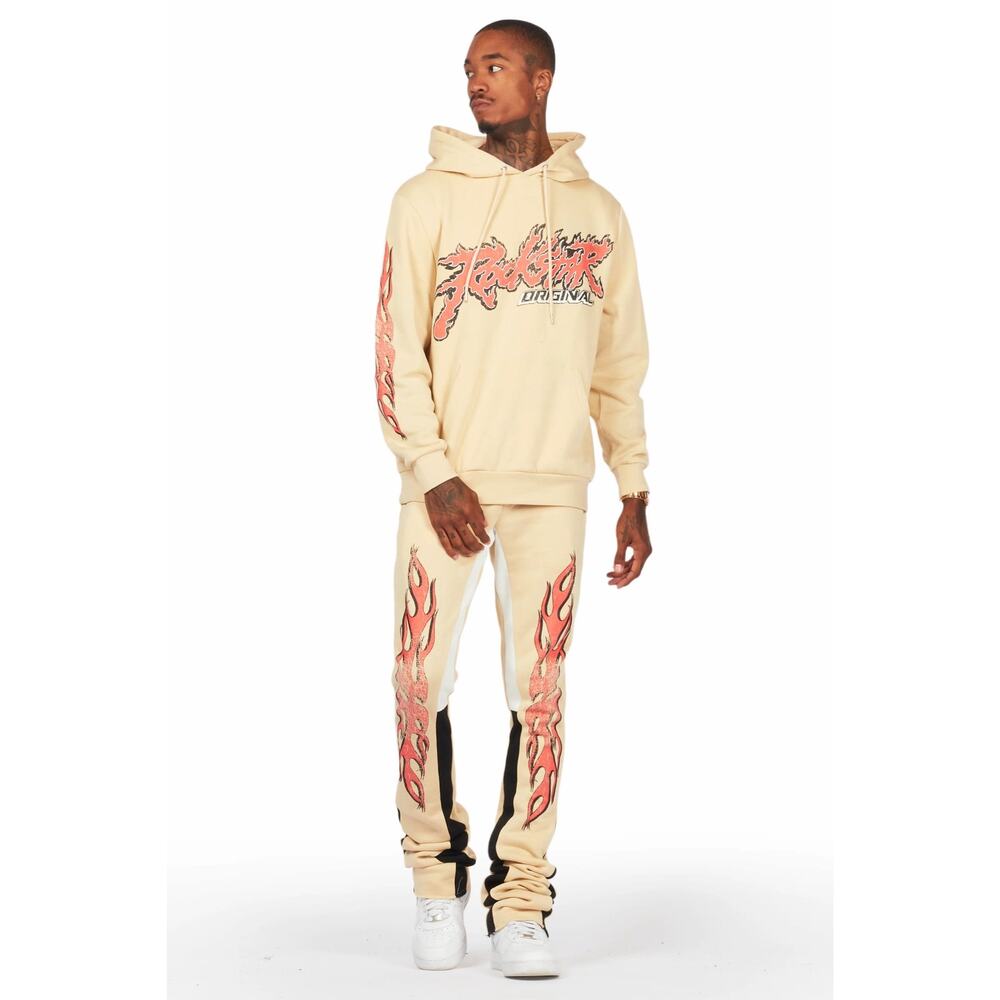 Rockstar Original Men Obern Stacked Flare Tracksuit Hoodie Pant Set Beige L